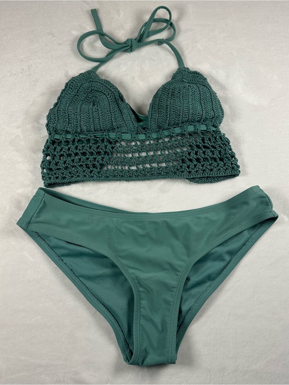 Boho Crochet Halter Bikini Set - Teal Green